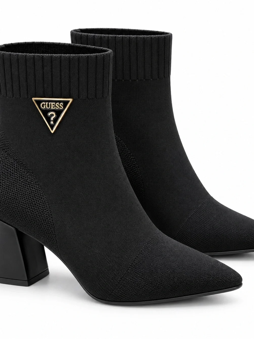 GUESS Black Knit Pointed Sock Booties with Gold Triangle Logo